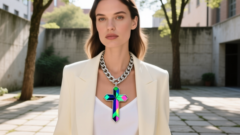 Woman wearing a thick silver box chain with a dichroic stained glass cross pendant catching bright natural sunlight outdoors.