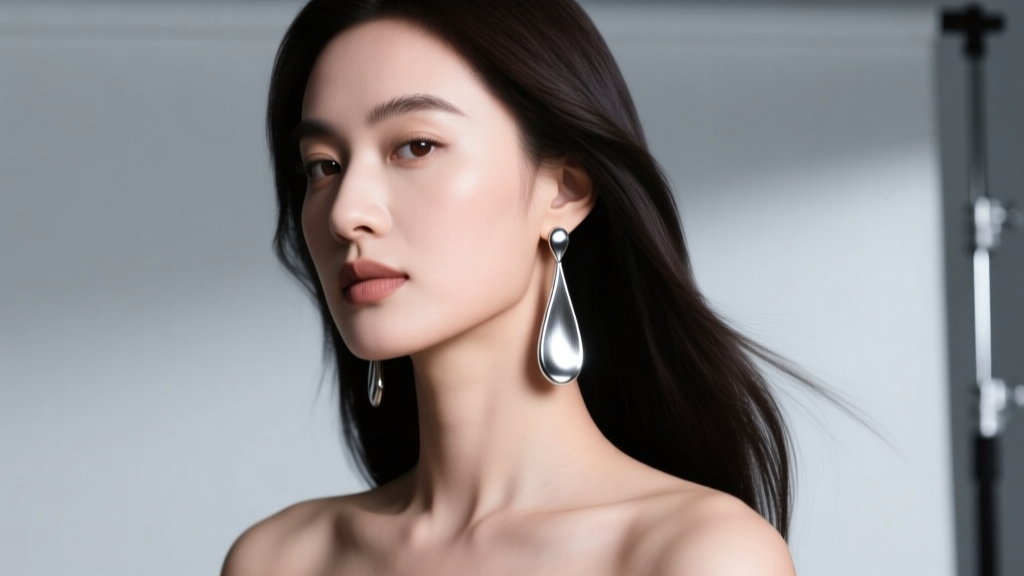 Woman wearing elongated silver rain drop earrings, soft studio lighting highlighting the brushed metal texture.