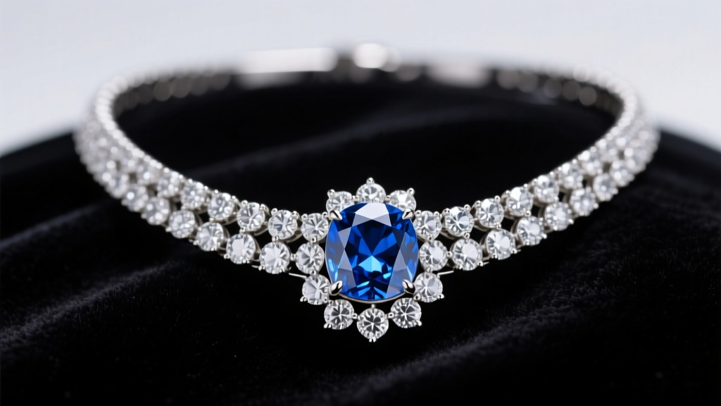 Sapphire and diamond cluster necklace on dark velvet, showing a vivid blue center gem under soft, focused studio lighting.