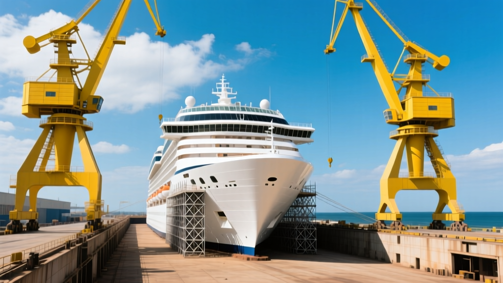 Oasis-class cruise ship hull in a dry dock with towering yellow gantry cranes and steel scaffolding against a bright coastal sky
