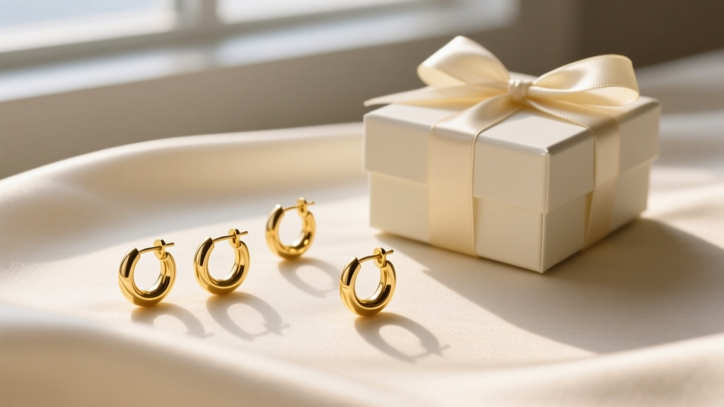 Flat lay of 14k yellow gold mini hoops earrings on cream silk, soft morning light, high-end jewelry gift box nearby, elegant mood.