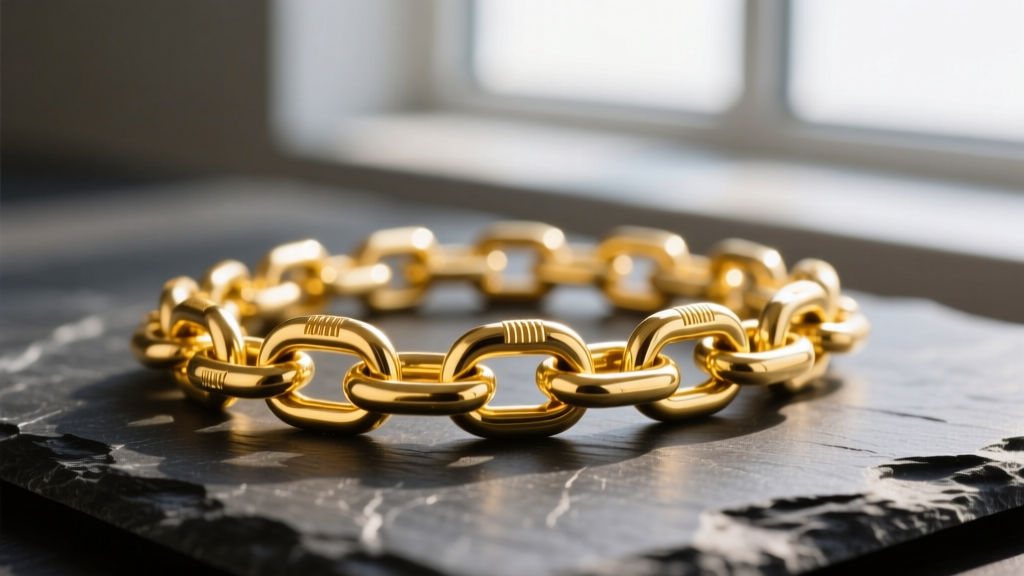 Macro shot of a 14k gold filled chain link on dark slate, highlighting the rich yellow hue and polished mechanical finish.