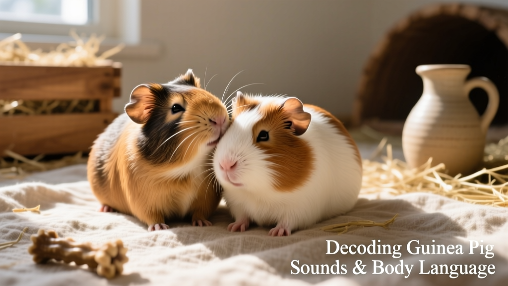 Two guinea pigs sitting side-by-side—one gently nuzzling the other’s neck while both appear relaxed and calm