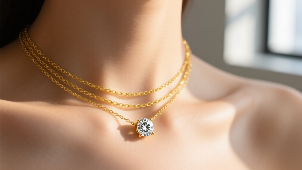 Close-up of a delicate 14k yellow gold layered necklace with a solitaire diamond pendant on a collarbone in warm light