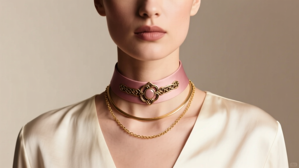 Model wearing a layered stack with a vintage Liz Claiborne choker and modern delicate gold chain, under soft studio lighting.