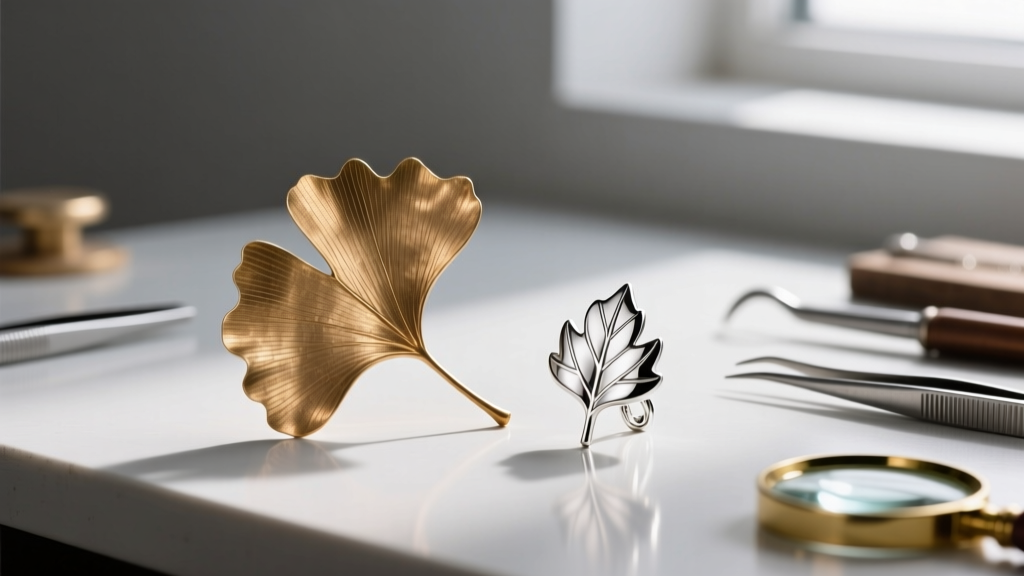 Jeweler workbench showing a raw brass ginkgo leaf casting sprue next to a finished, polished sterling silver leaf earring.