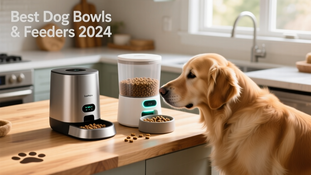 A FurPetVo gravity feeder and smart automatic feeder placed side-by-side on a pet-friendly kitchen island