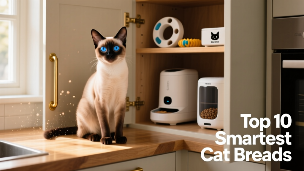 A Siamese cat sitting upright beside an open kitchen cabinet, paw resting on the door handle
