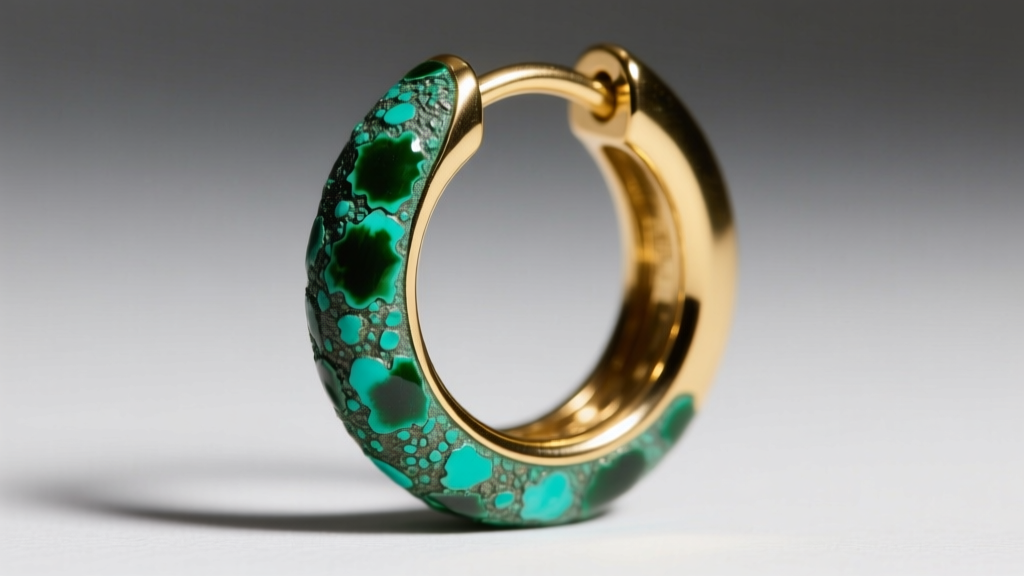 Close-up of an 18-gauge gold huggie earring hinge pin showing green patina buildup under bright, directional studio lighting.