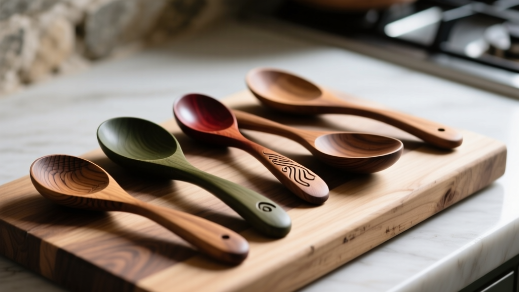 Close-up of hand-carved wooden spoons in varying wood tones like olive, cherry, and walnut resting on a rustic butcher block countertop