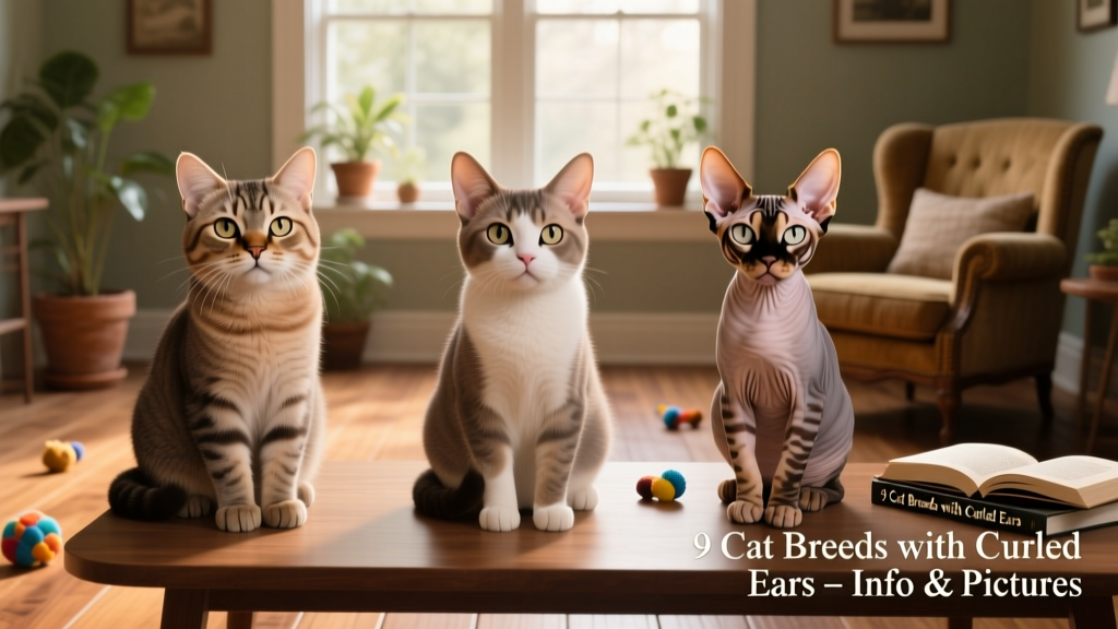Side-by-side comparison of three different curled-ear cat breeds showing ear shape variation