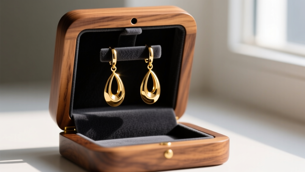 Gold drop earrings hanging from a 2mm hole in a walnut wood earring display case, lined with dark anti-tarnish velour fabric.