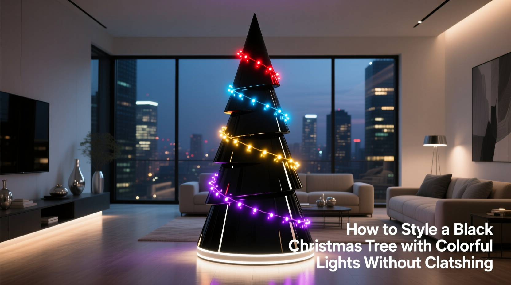 how to style a black christmas tree with colorful lights without clashing