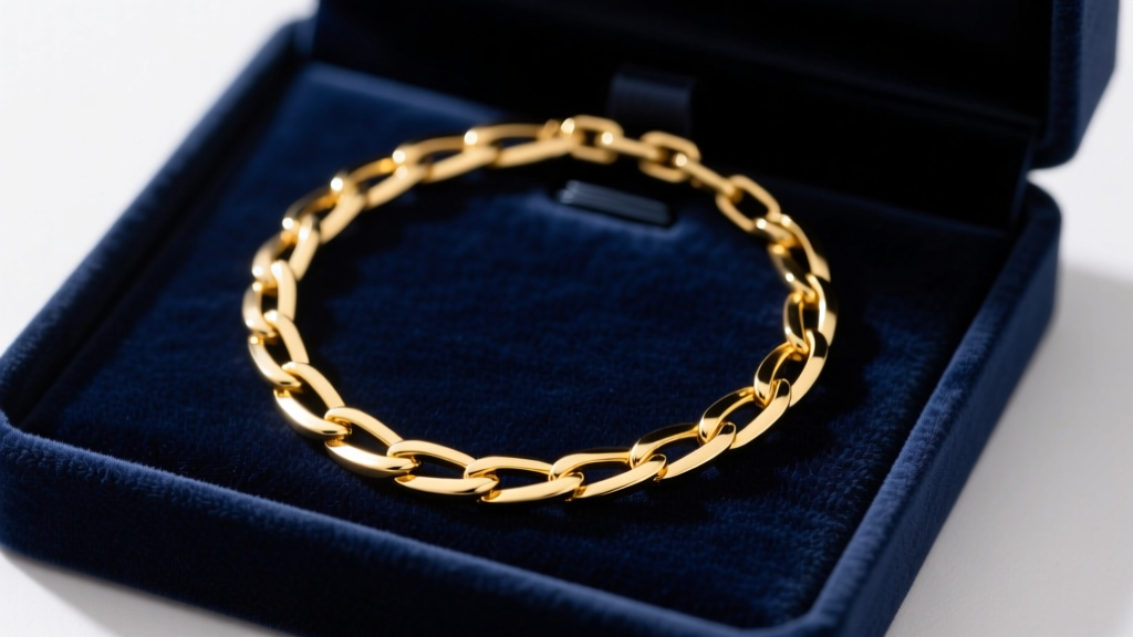 Solid 14k yellow gold Figaro chain necklace on a dark navy velvet gift box, soft studio lighting highlighting polished metal links.