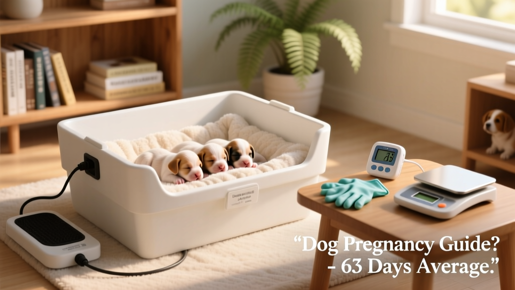 Well-organized whelping setup: clean whelping box with soft bedding, heating pad nearby, thermometer and gloves within reach, and a digital scale on a nearby table