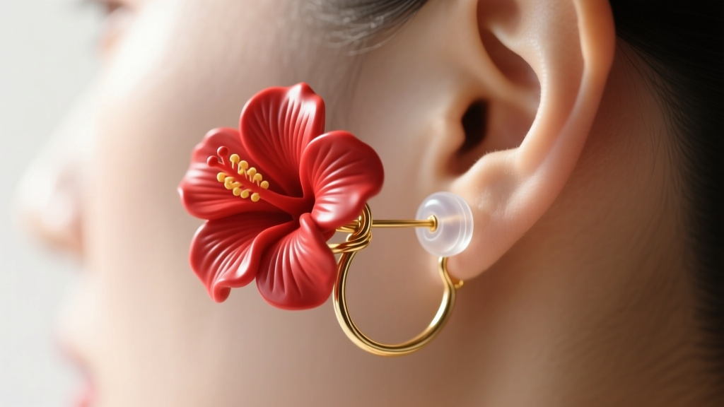Side view of 18k gold wire holding a red polymer clay hibiscus, with a clear silicone stopper securing the earlobe from behind.
