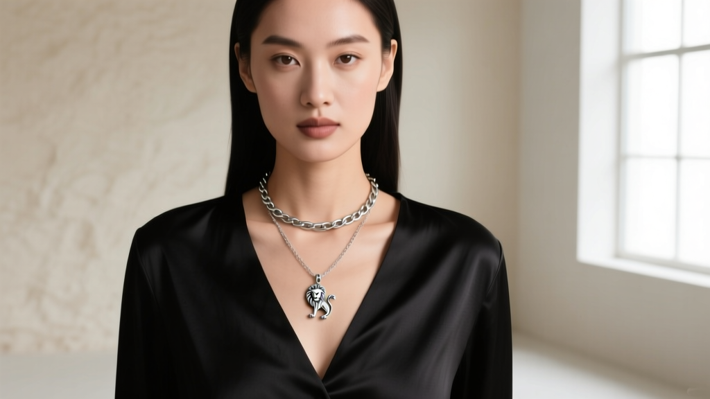 Model wearing an adjustable Alex and Ani silver chain necklace with a zodiac pendant, showing a 20-inch drop over a V-neck shirt.