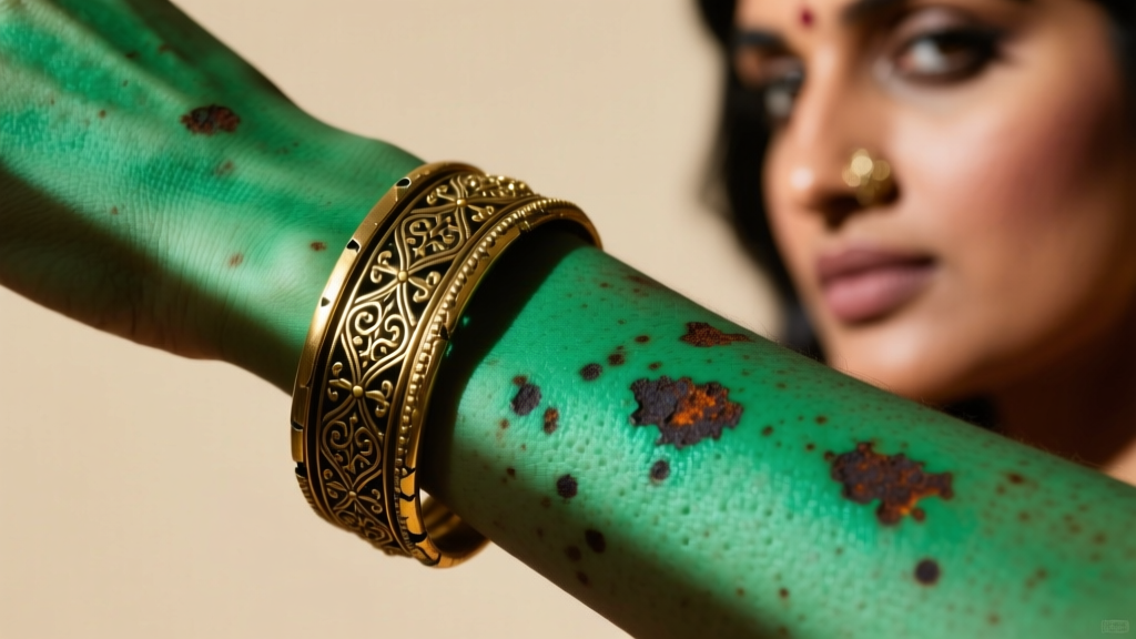Green skin discoloration on wrist next to tarnished brass Indian fashion bangle with peeling gold plating and dark rust spots