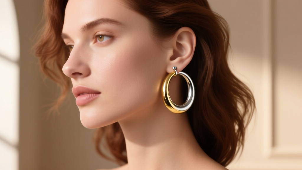 Woman wearing a 15mm two-tone gold and silver continuous hoop earring in her primary lobe piercing, soft blurred background