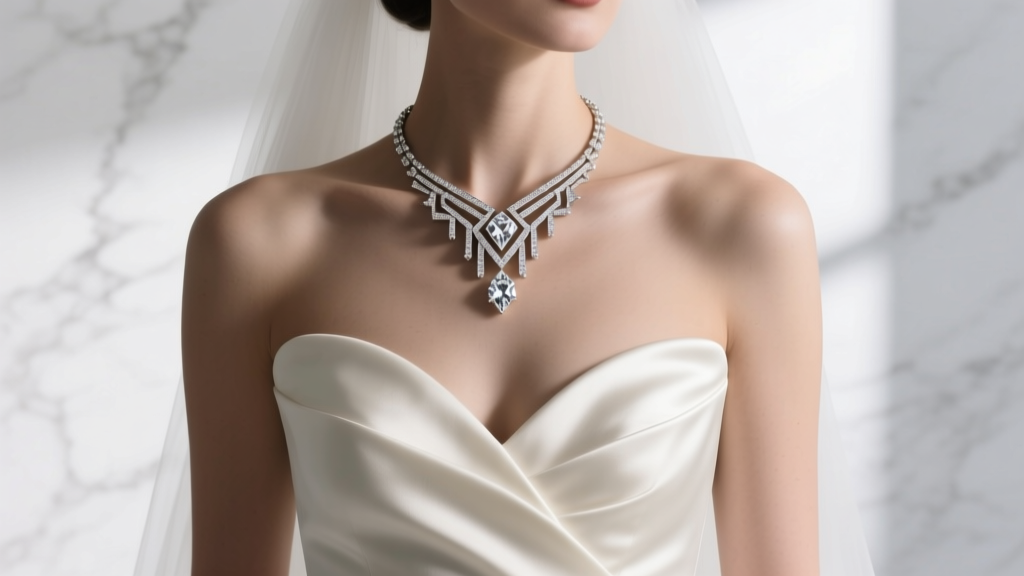 Bride wearing a layered Art Deco geometric diamond vintage wedding necklace over a modern silk sweetheart neckline bridal gown.