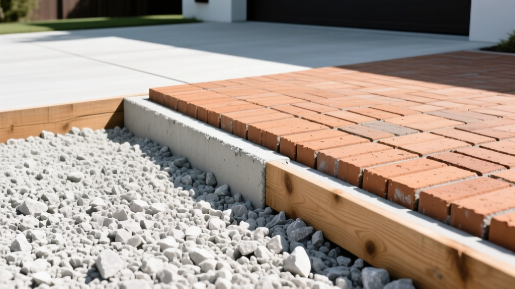 Compacting crushed limestone base for a driveway next to stacked clay brick pavers and wooden concrete forms in bright daylight