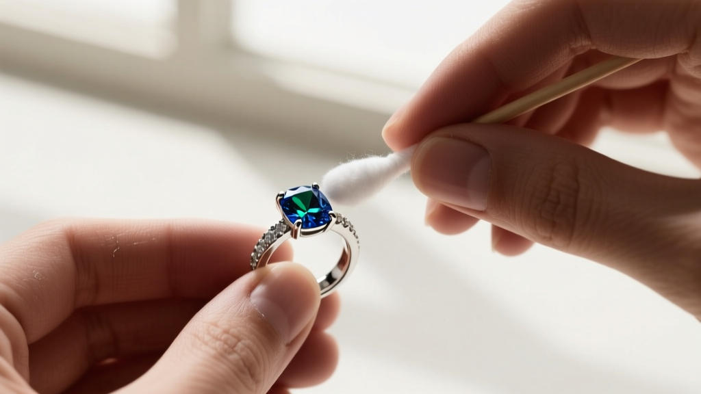 Hands using a cotton swab and silver polish to carefully clean a 20-gauge sterling silver post and bezel setting around a gemstone