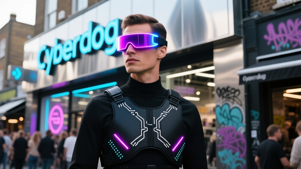 Man in a sound-reactive LED visor and matte-black chest rig posing outside the iconic Cyberdog megastore in Camden Market.