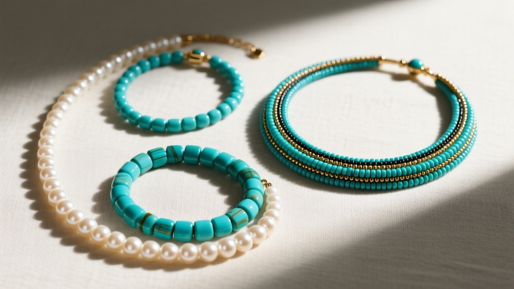 Flat lay of popular beaded necklaces including freshwater pearls, turquoise heishi, and seed bead chokers on neutral linen.