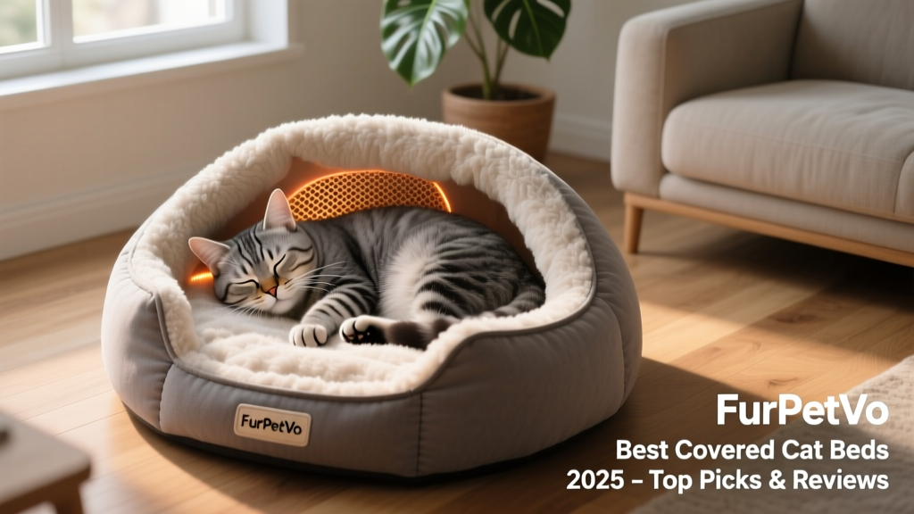 Top-down photo of a gray tabby cat sleeping soundly inside the FurPetVo Self-Warming Enclosed Cat Bed, fully nestled in the plush interior