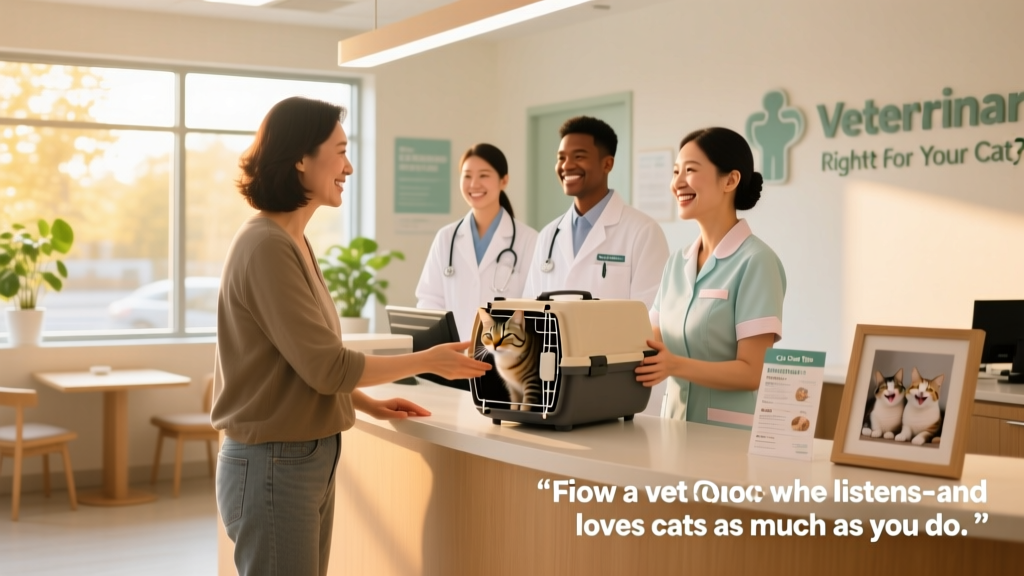 A friendly veterinary team greeting a cat owner at the front desk of a clean, sunlit clinic