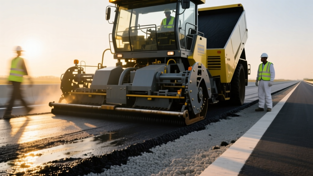 Heavy machinery paving a fresh layer of dark hot mix asphalt over a compacted aggregate base course on a new highway construction site