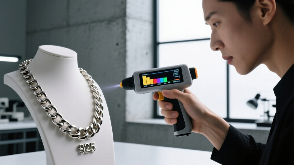 A jeweler using a digital XRF analyzer gun to test the elemental composition of a heavy chain necklace marked with a 925 stamp.