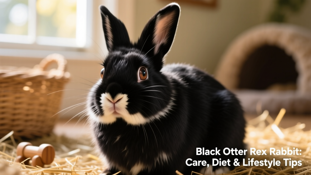 A close-up portrait of a Black Otter Rex rabbit showing its plush, velvety black coat and creamy facial markings