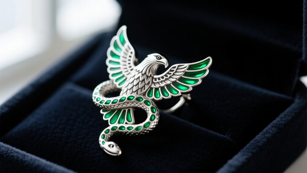 Macro shot of a sterling silver eagle and snake earring with vibrant green champlevé enamel detailing on a dark velvet display pad