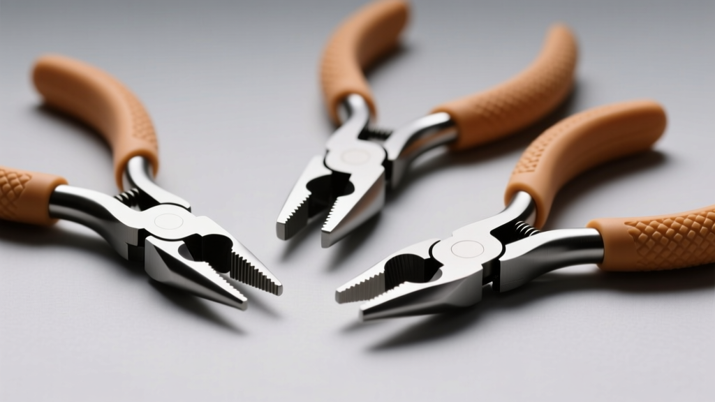 Close-up of three jewelry pliers on a gray mat, showing smooth nylon jaws and ergonomic rubber grips under bright studio lighting.