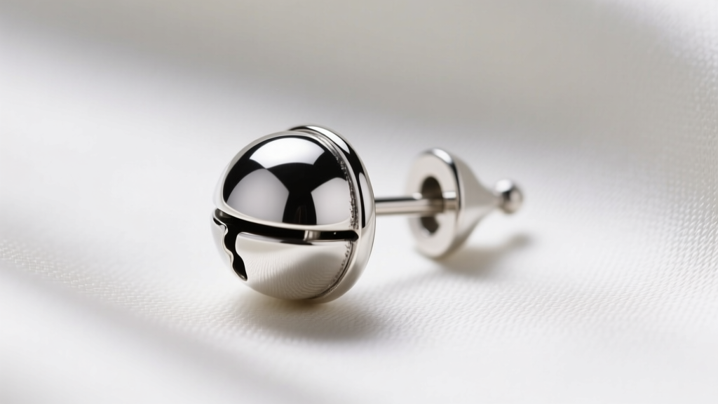 Macro side-profile of sterling silver 8mm jingle bell earring with 20-gauge titanium post, highlighting seamless soldered joint.