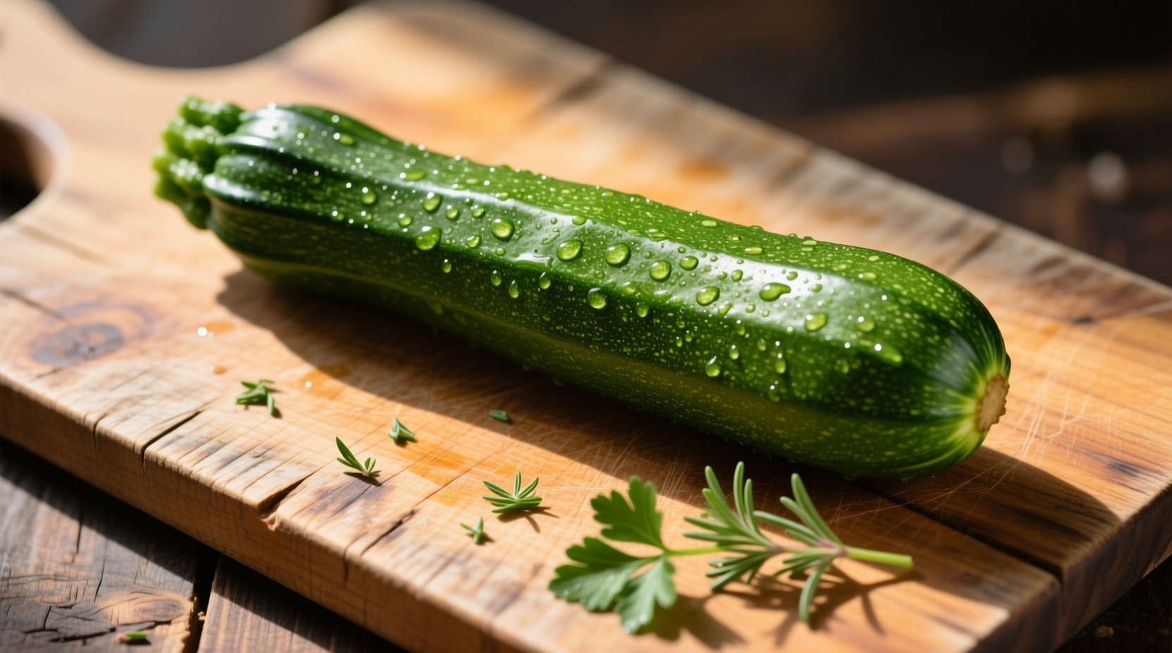 Fresh green zucchini on wooden cutting board