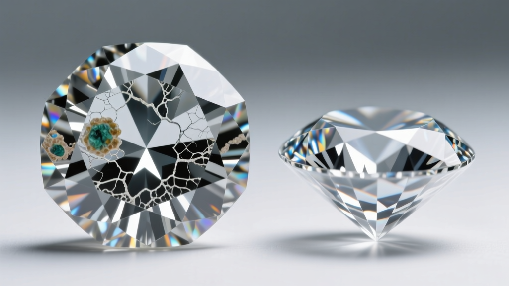 Macro photography comparing a natural diamond inclusion map next to a flawless lab-grown diamond under a 10x jeweler's loupe.