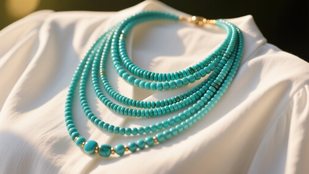 Layered turquoise heishi and seed bead necklaces in 16 and 18 inch lengths resting on a white linen blouse in warm sunlight.