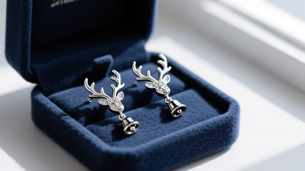 Flat lay of silver Christmas earrings including reindeer studs and bell dangles, stored in an anti-tarnish treated flannel jewelry box.