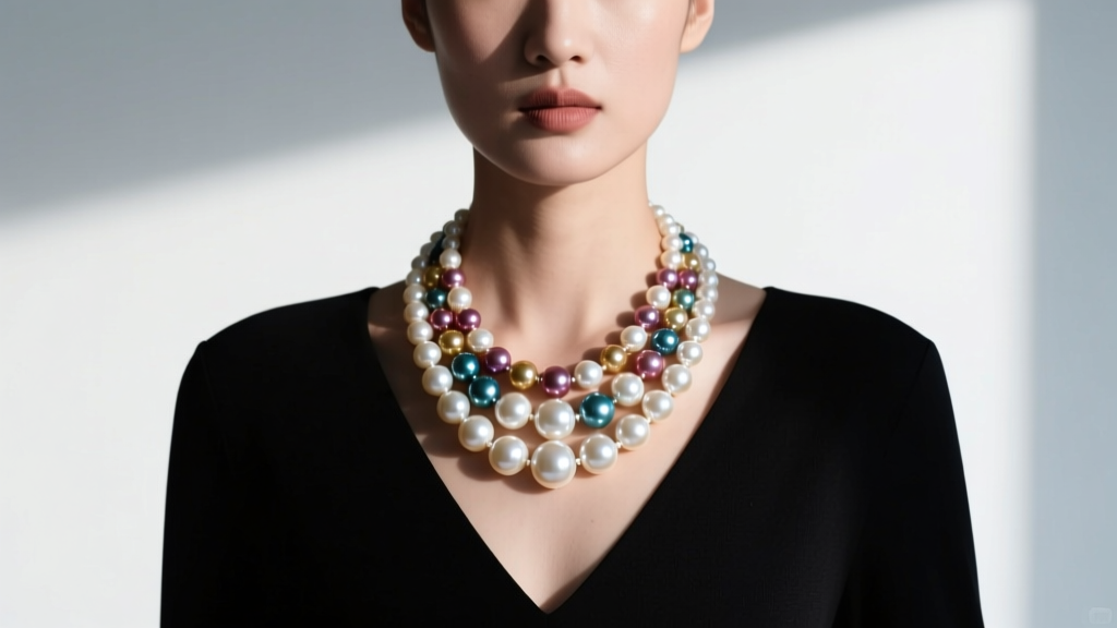 Model wearing a multi color pearl necklace over a dark V-neck top, highlighting baroque shapes and high luster in soft daylight