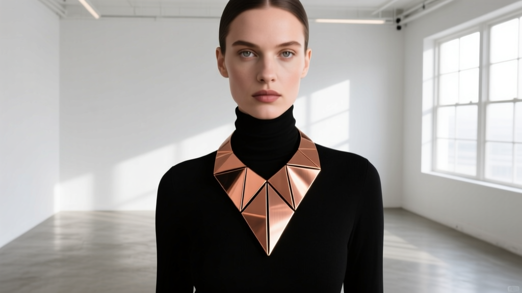 Model wearing a geometric copper collar necklace over a black turtleneck, highlighting architectural lines in a minimalist studio