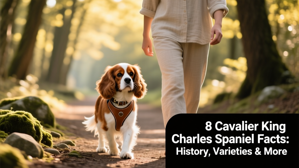 A Cavalier King Charles Spaniel wearing a lightweight harness, walking calmly beside its owner on a tree-lined path