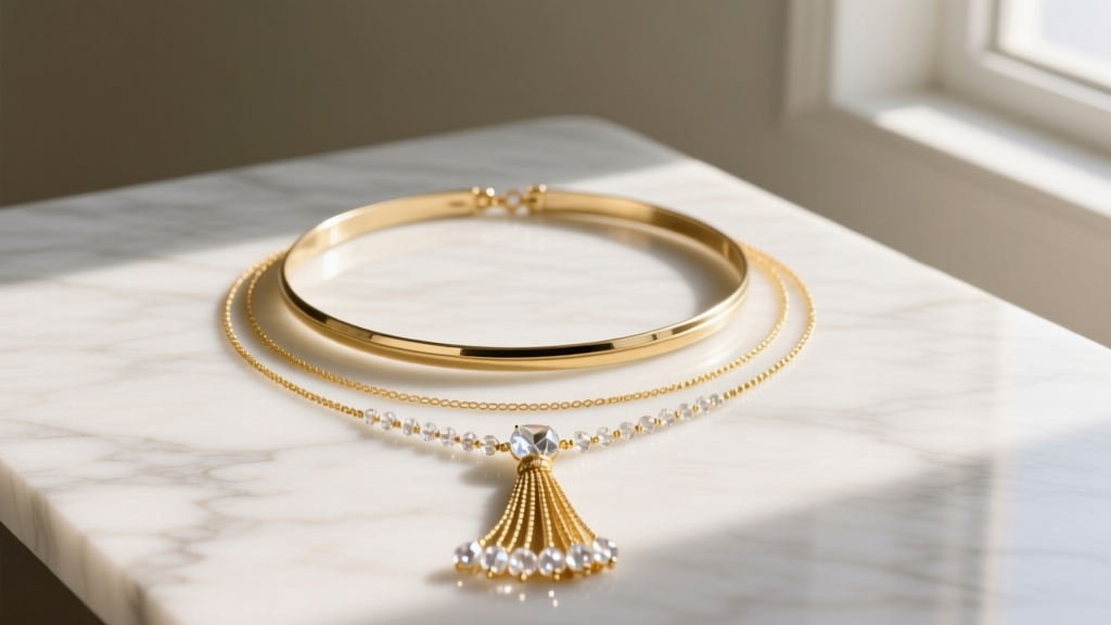 Layered necklace setup showing a 16-inch choker and 24-inch gold necklace with beaded crystal tassel pendant on a marble surface