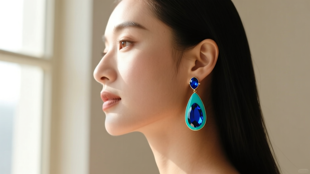 Side profile of a woman wearing large turquoise teardrop earrings, highlighting the vibrant blue gemstone color against warm skin.
