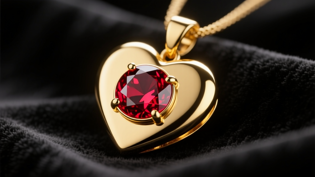 Elegant 14k yellow gold heart pendant featuring a bezel-set pigeon blood ruby resting on dark velvet under warm studio lighting