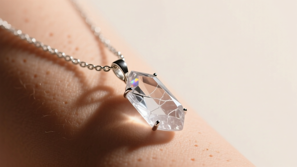 Raw rock crystal pendant on a silver chain resting on skin in soft daylight, detailed jewelry macro photography.