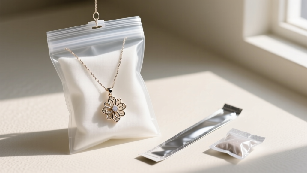 Open anti-tarnish ziplock bag containing a delicate floral pendant necklace, an anti-tarnish strip, and a silica gel packet