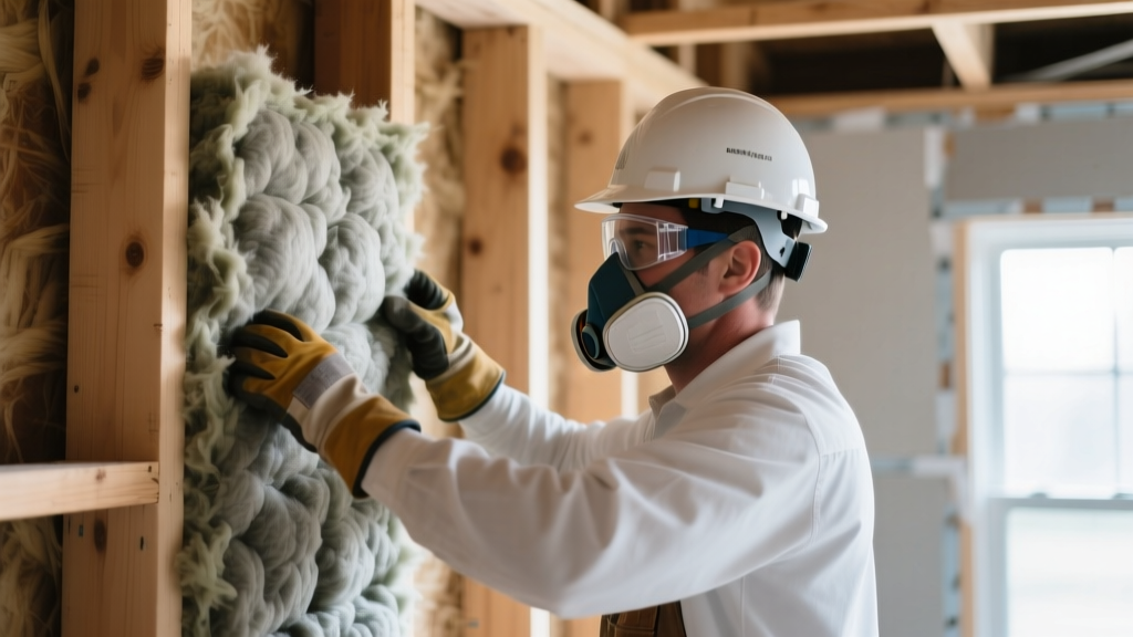 Close-up of a contractor wearing safety gear carefully fitting mineral wool batts between wooden wall studs in a residential framing cavity.