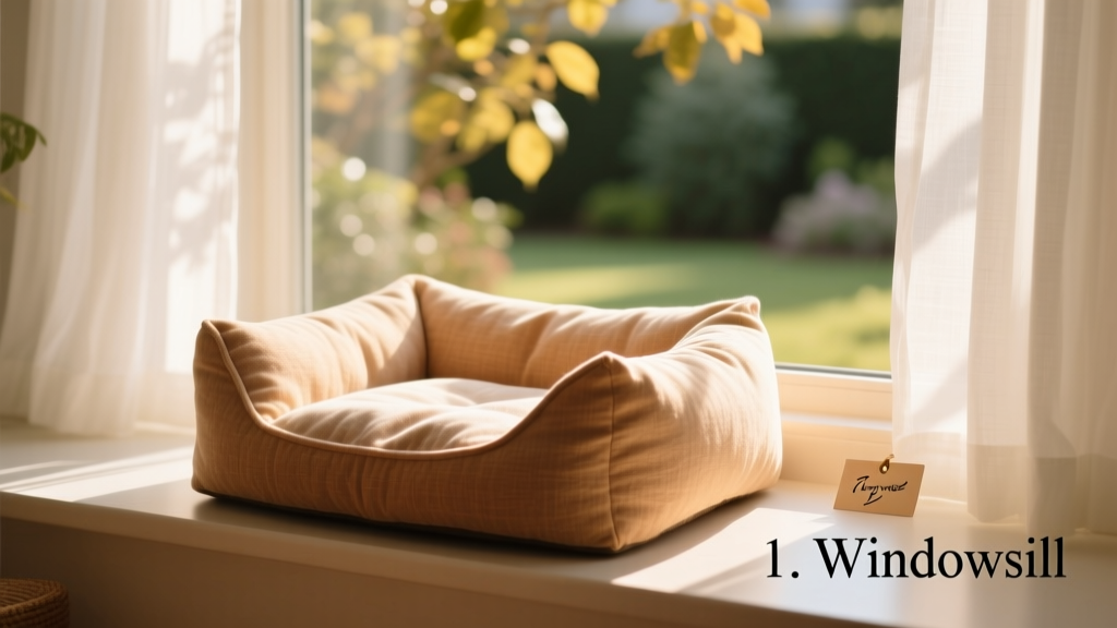 A cozy cat bed placed on a sunny windowsill with soft natural light